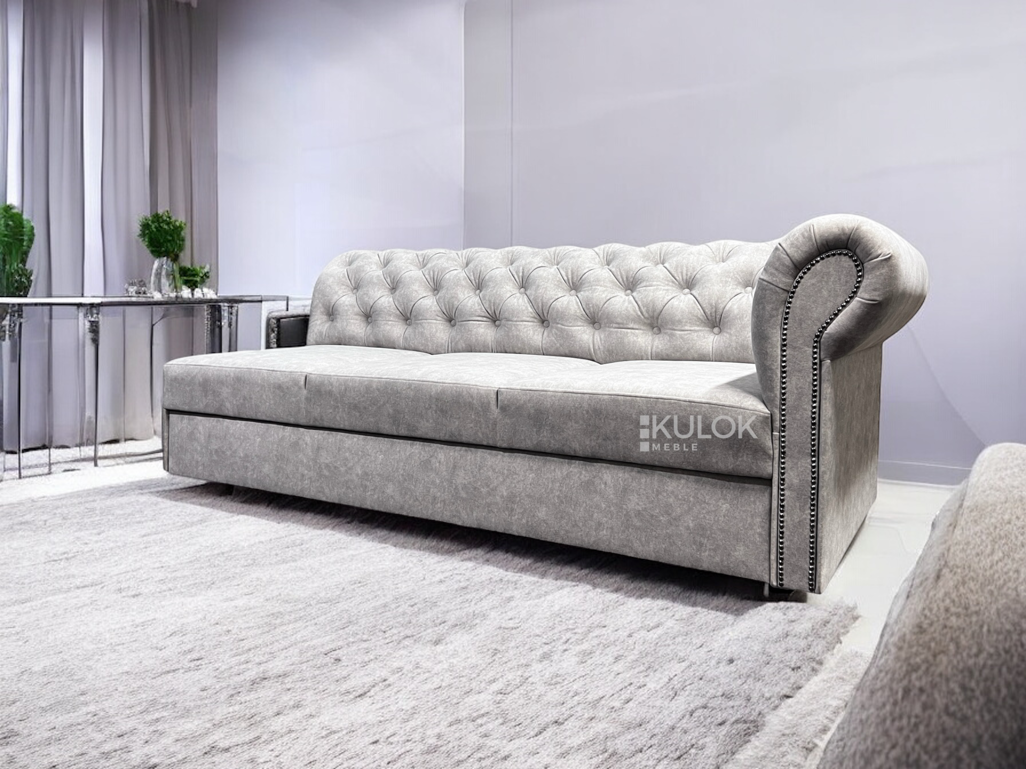 Szezlong Chesterfield szary welur z funkcją spania – Kulok Meble